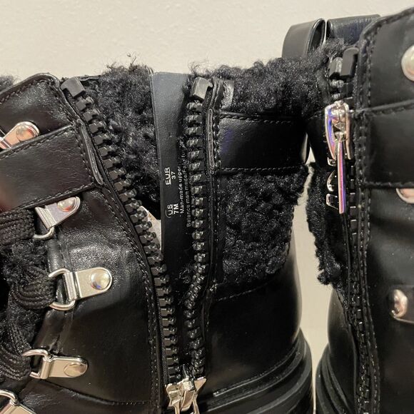 Black Combat Boots Women’s Size 7 Faux Leather Shearling NWOT Biker Moto Goth - Picture 7 of 13